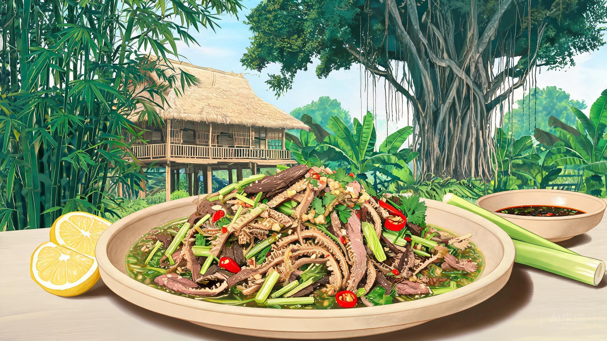 德宏「撒撇」:一碗傣语命名的苦凉凉拌,藏着牛肠里的解暑密码
