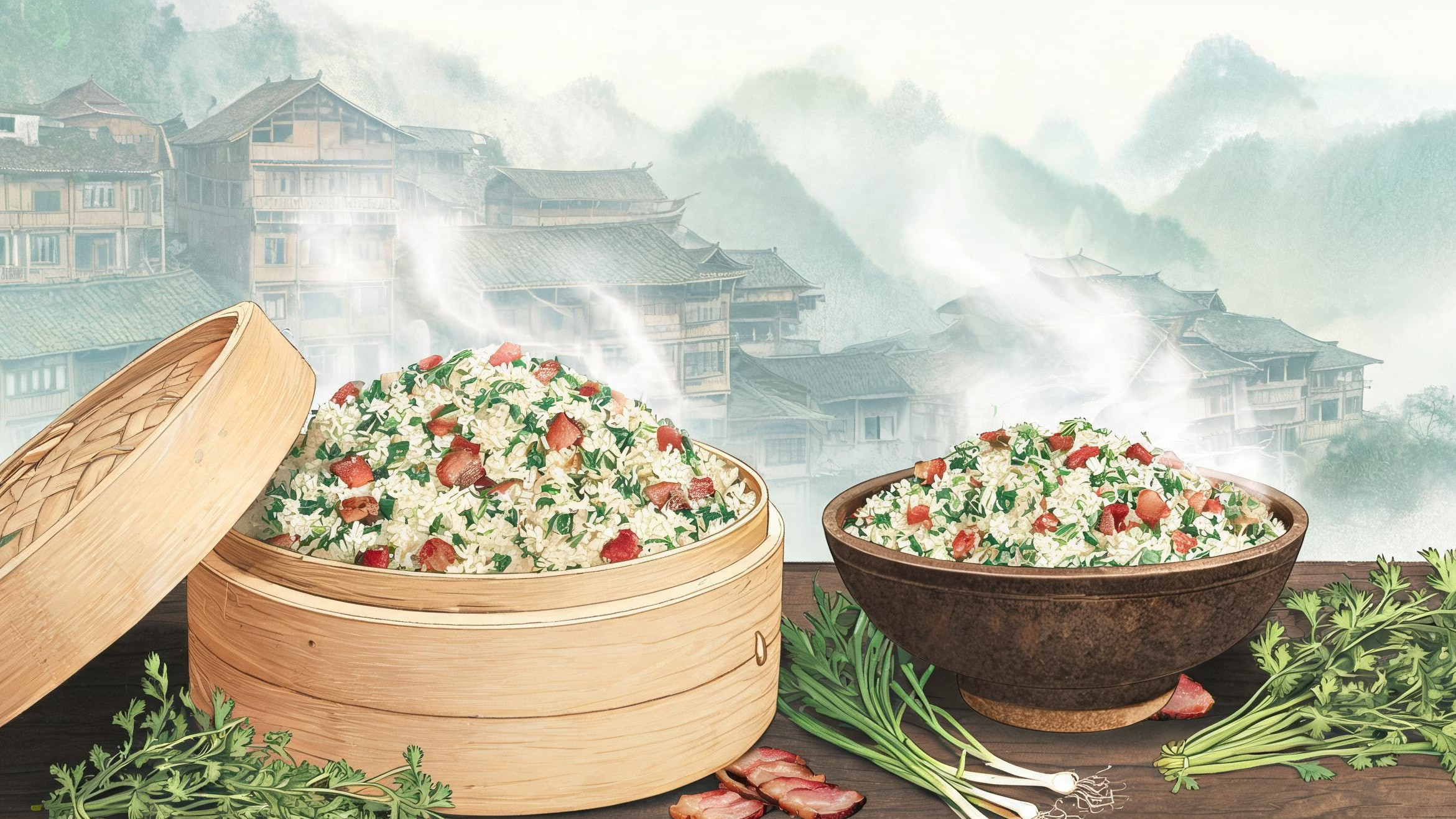 春社那天蒸的一锅青蒿腊肉饭:湘西社饭,把整个春天端上了桌