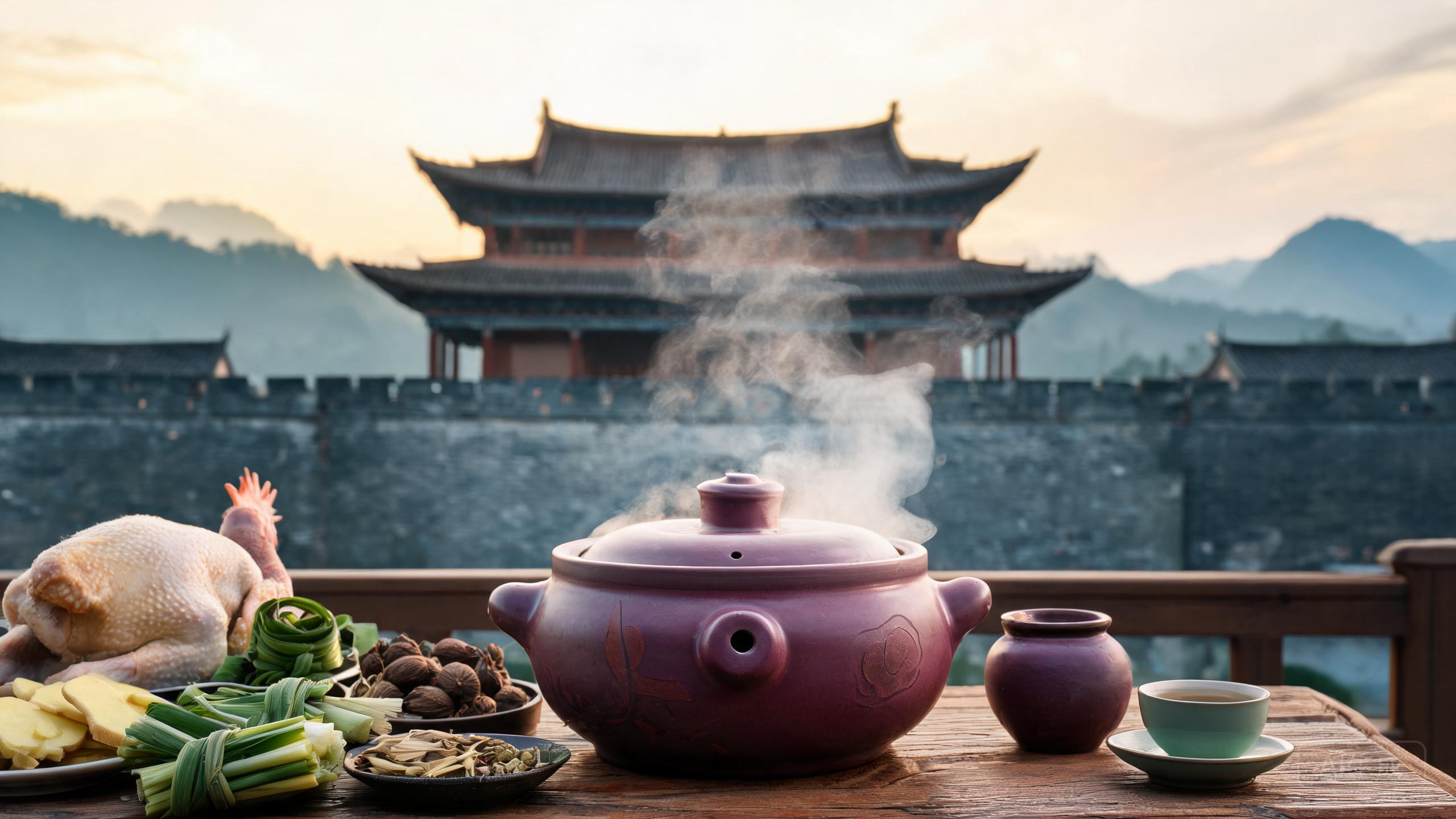 建水汽锅鸡：一口紫陶汽锅，不加一滴水的